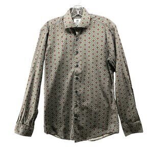 Kurt River Long Sleeve Shirt Mens S Slim Fit Olive Green Burgundy Geo Print